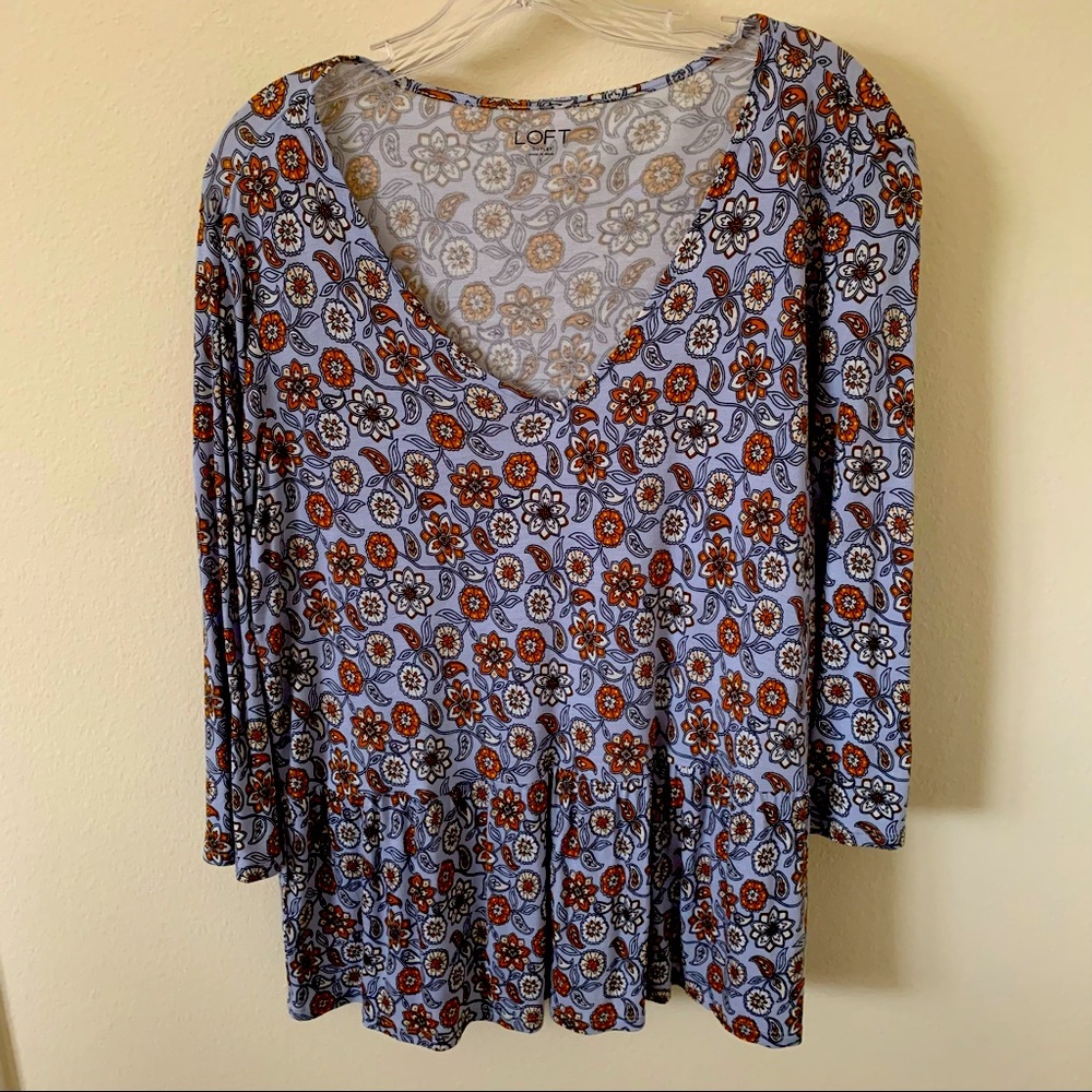 LOFT Floral Long Sleeve Top in Blue and Brown